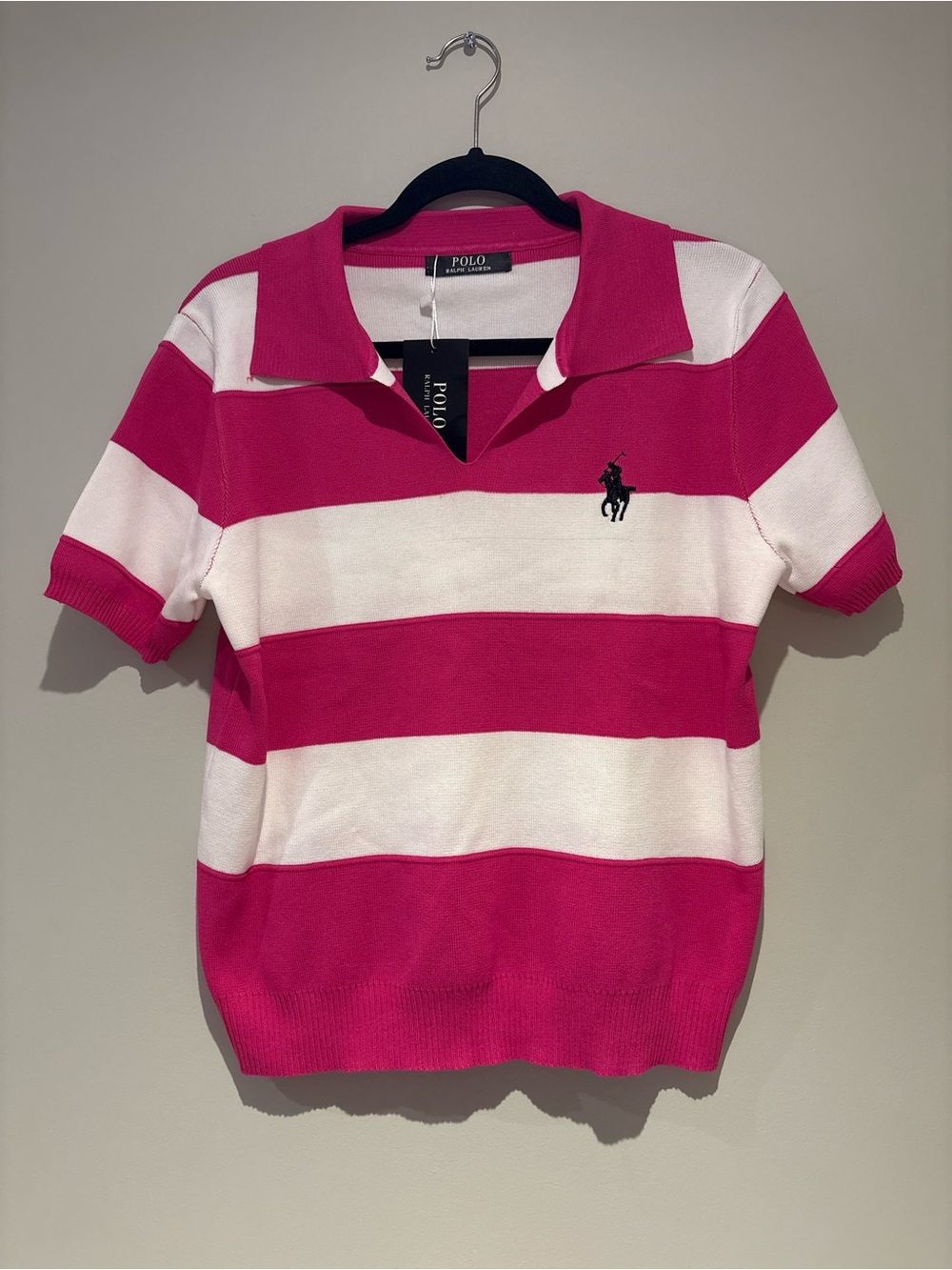 Ralph Lauren Hot Pink and White Striped Polo Knit New with Tags